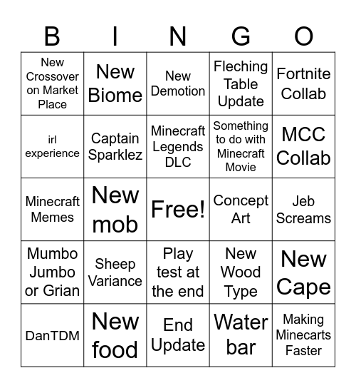 Minecraft Live 2025 Bing Card Bingo Card