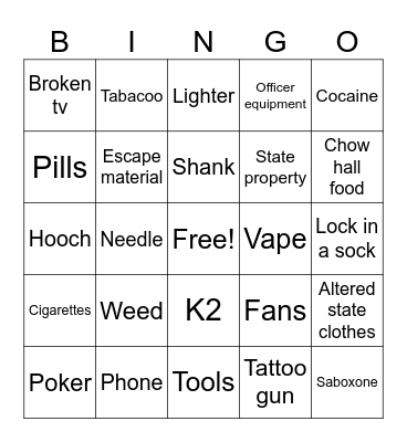 Contraband Bingo Card