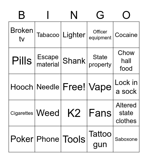 Contraband Bingo Card