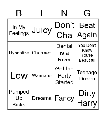 Chloe's Tunes Bingo Card