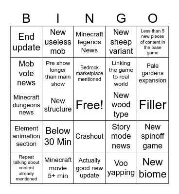 Minecraft live bingo Card