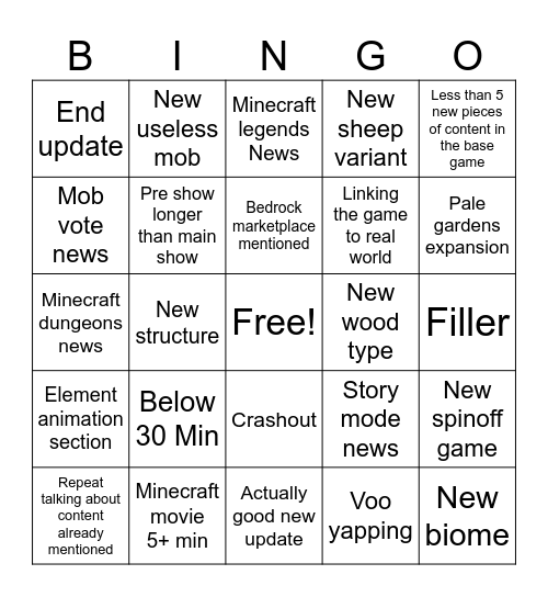 Minecraft live bingo Card