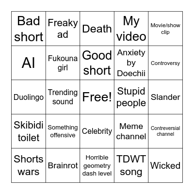 Shorts bingo Card