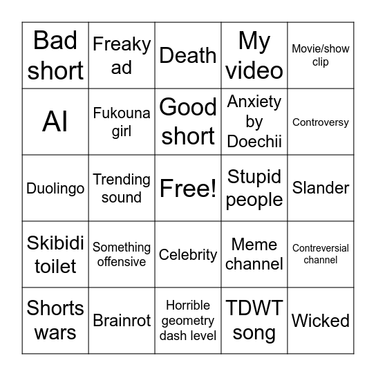 Shorts bingo Card
