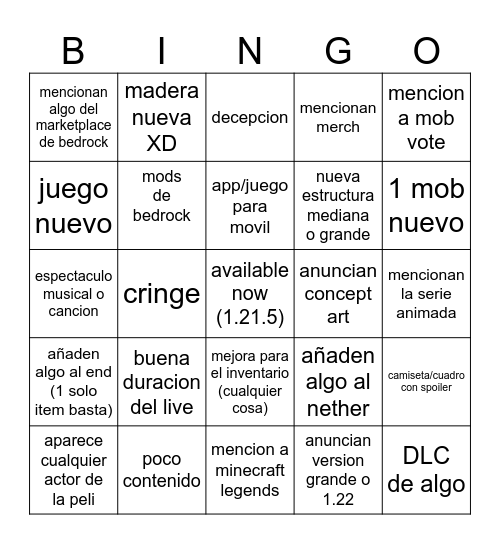 Minecraft Live Bingo Card