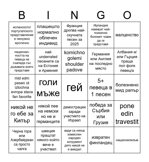 евровизия 2025 бинго Bingo Card