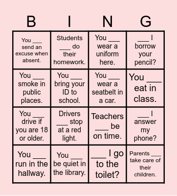 Obligation & Necessity. Bingo Card