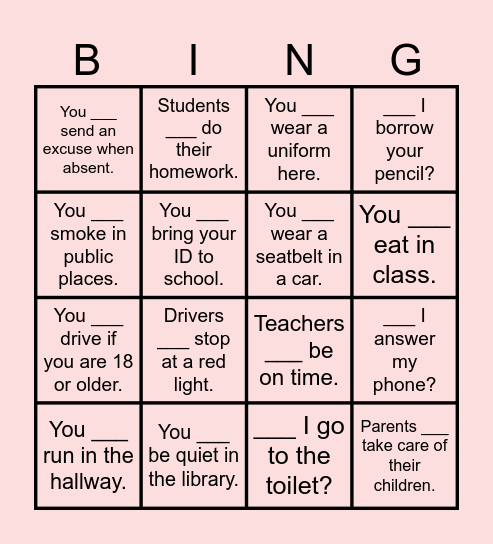 Obligation & Necessity. Bingo Card
