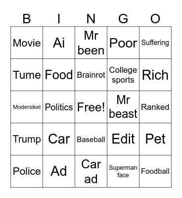 YouTube and TikTok Bingo Card