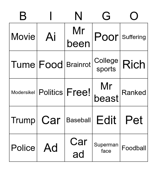 YouTube and TikTok Bingo Card