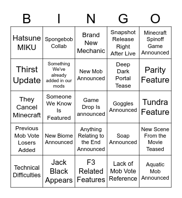 MINECRAFT LIVE PREDICTIONS Bingo Card