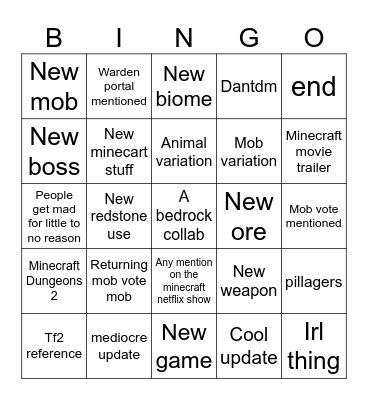 Minecraft update bingo Card