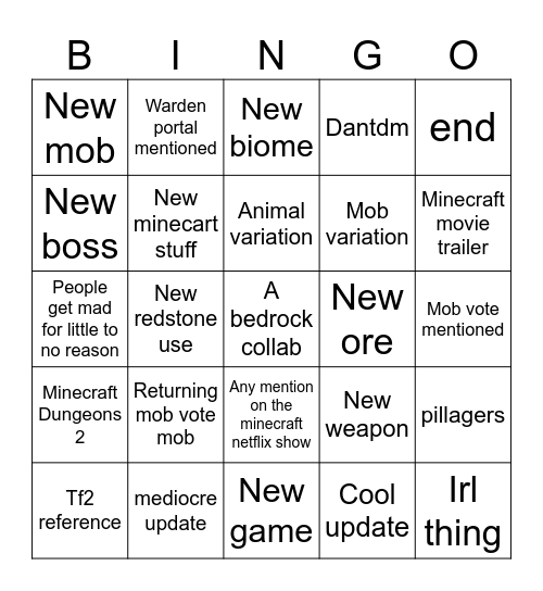 Minecraft update bingo Card