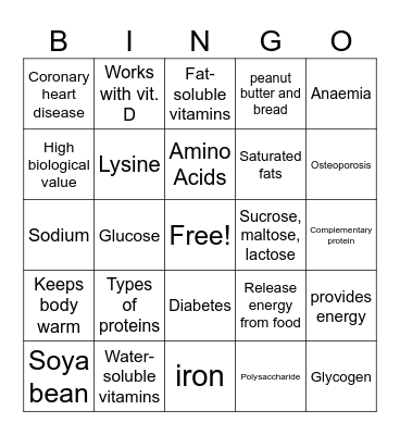 Nutrients Bingo Card