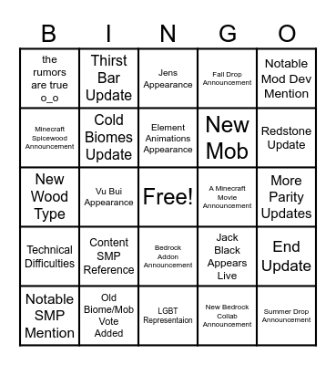 Minecraft Live Bingo Card