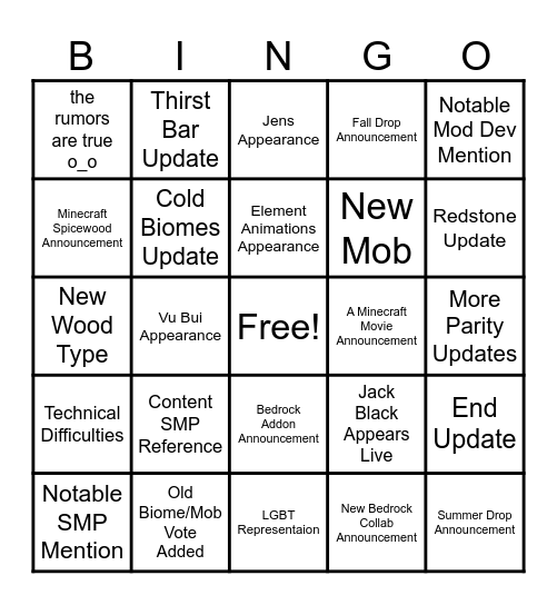 Minecraft Live Bingo Card