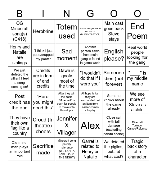 Minecraft Movie Bingo Card