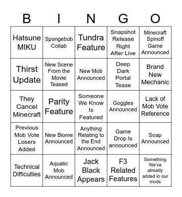 MINECRAFT LIVE PREDICTIONS Bingo Card