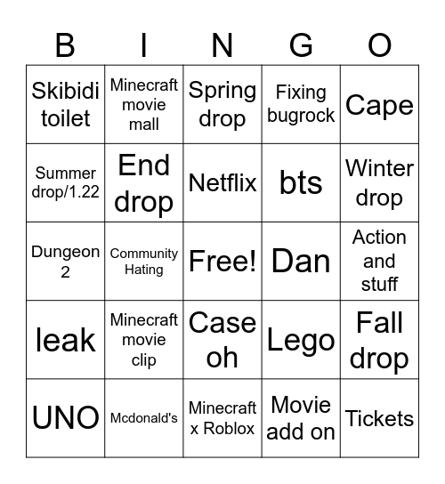 Minecraft live Bingo Card
