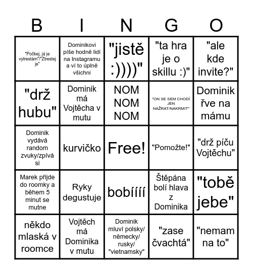 víkendová zábava Bingo Card