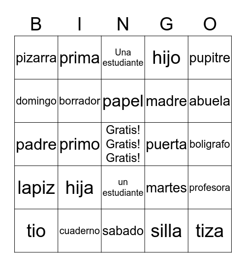 La Clase, La Familia, Dias De La Semana Bingo Card