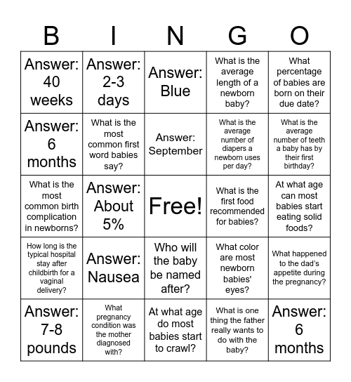 Baby Shower Bingo Card