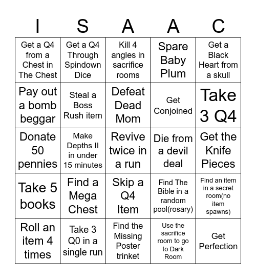 The Binding Of Isaac Bingo Card