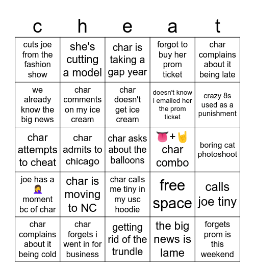 char game night bingo Card