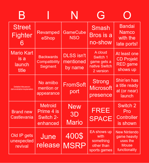 NINTENDO SWITCH 2  DIRECT Bingo Card