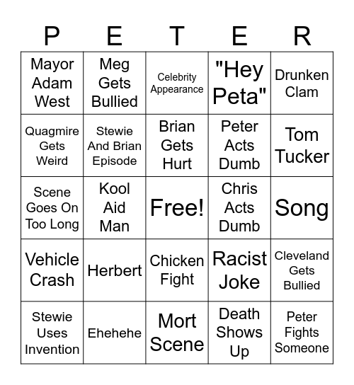 Family Guy Bingo Card
