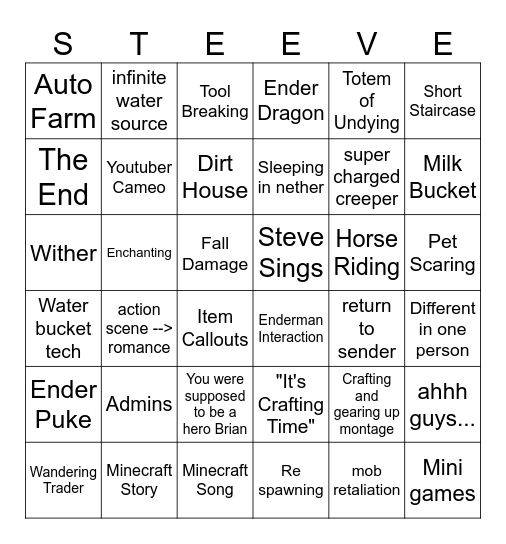 Steve Minecraft Bingo Card