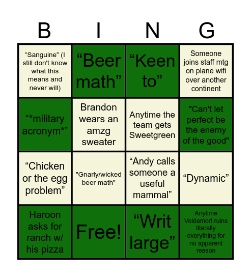 NOLB BINGO: Mark a box anytime one of the below is said by Andy/happens Bingo Card