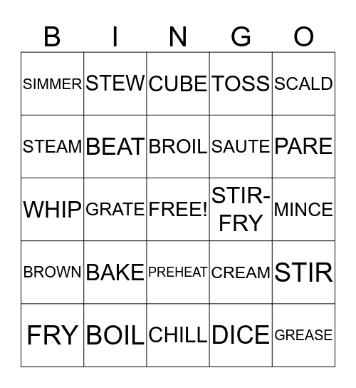 COOKING VOCABULARY Bingo Card