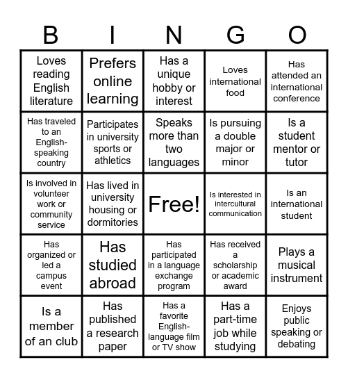 Personal Identity Bingo Card