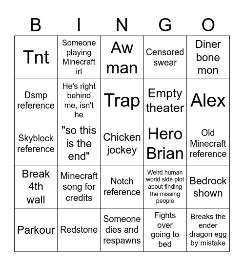 Minecraft movie!!!! Bingo Card