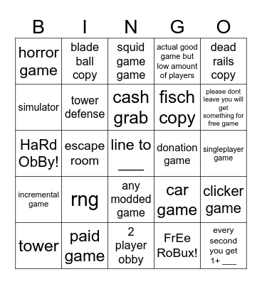 Roblox Bingo Card