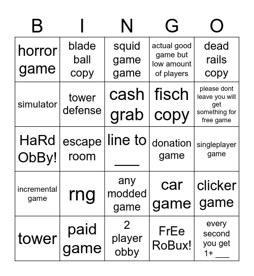 Roblox Bingo Card