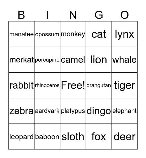 Mammal Bingo Card