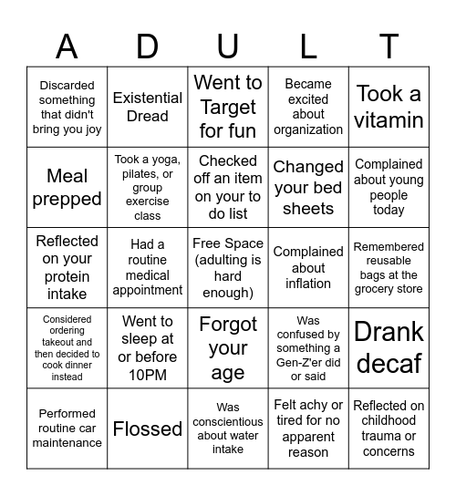 Millennial Bingo Card