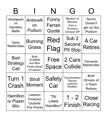 F1 2025 Chinese GP Bingo Card