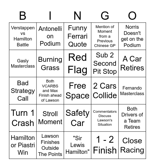 F1 2025 Chinese GP Bingo Card