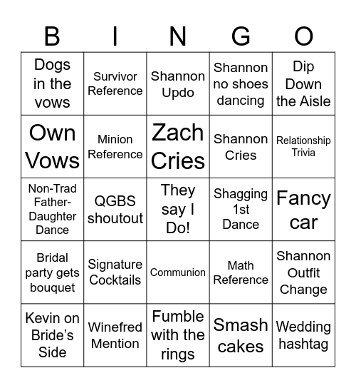 VanHekken Wedding Bingo Card