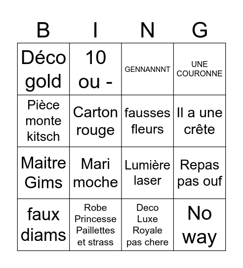 4 mariages lune de miel Bingo Card
