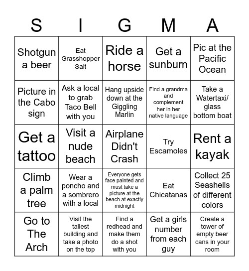 Cabo Bingo Card