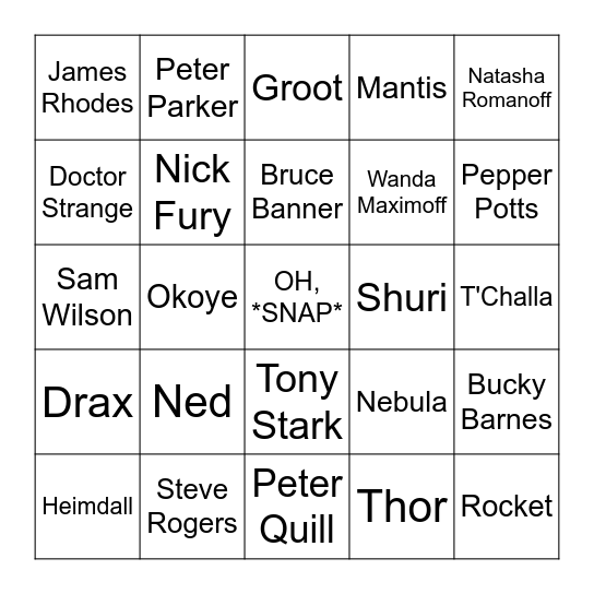 INFINITY WAR BONUS Bingo Card