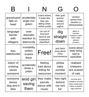 minecraft movie Bingo Card