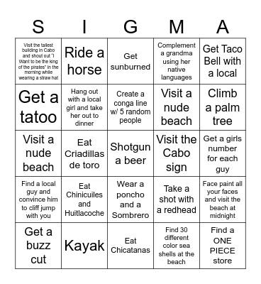 Cabo Bingo Card