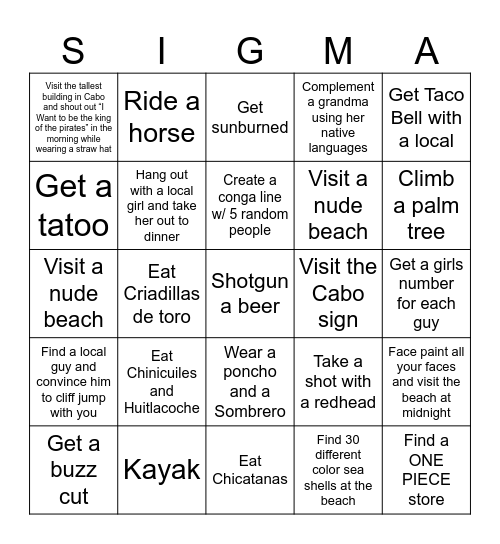 Cabo Bingo Card