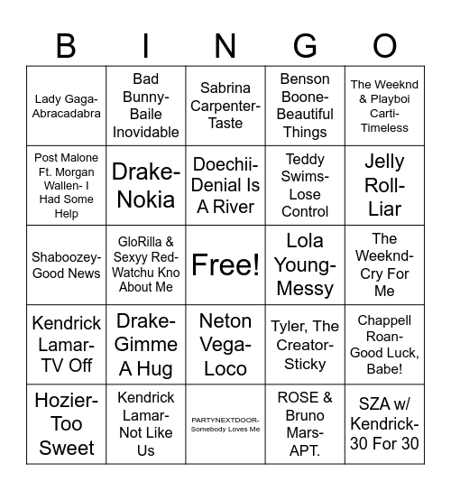 Top 100 Hot Billboard Bingo Card