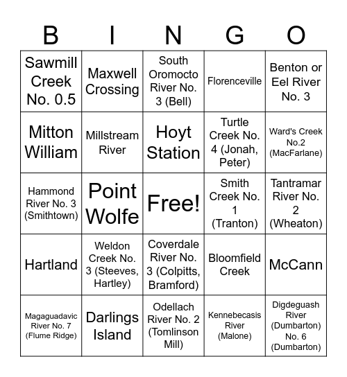 Covered Bridge NB Bingo Card
